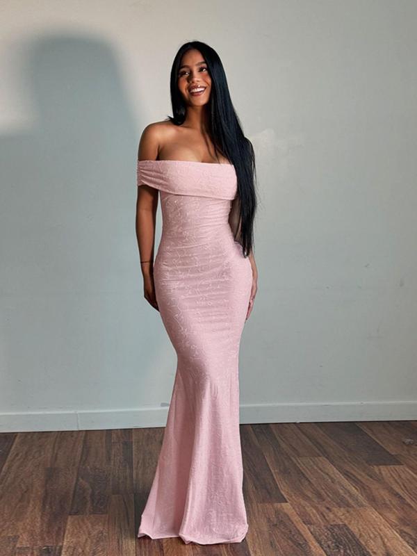 Women's Plain Floral Jacquard Off Shoulder Mermaid Dress, Elegant Ruched Short Sleeve Maxi Dress for Party Wedding Guest, Ladies Clothes for All Seasons